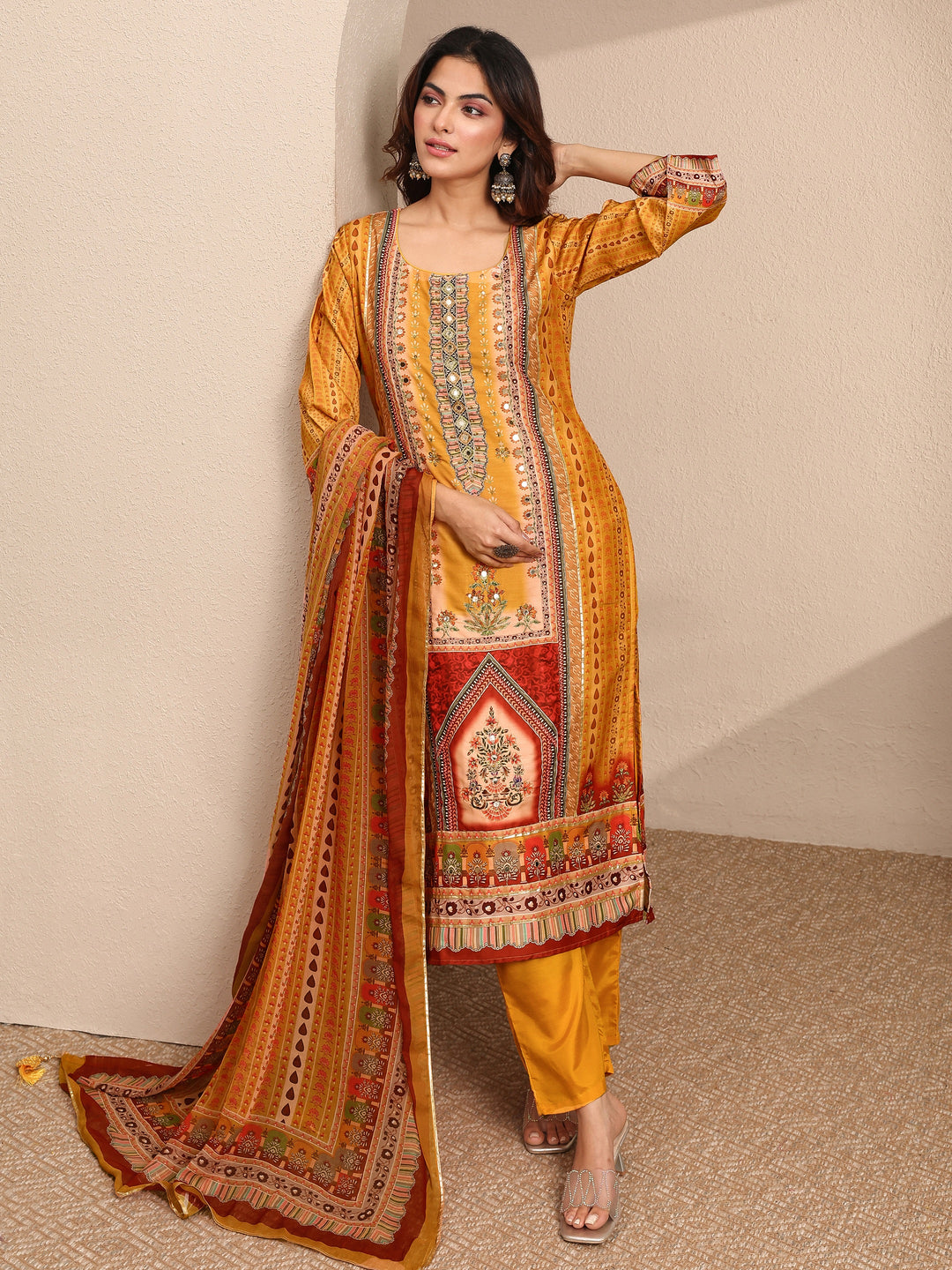 Multi Printed Silk Blend Straight Suit Set With Dupatta