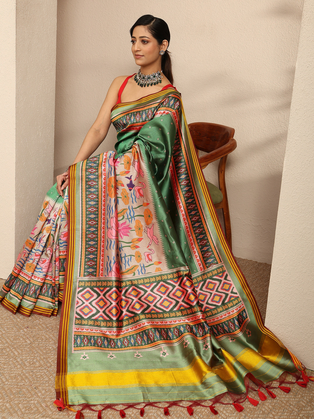 Multi Printed Silk Saree With Unstitched Blouse Piece
