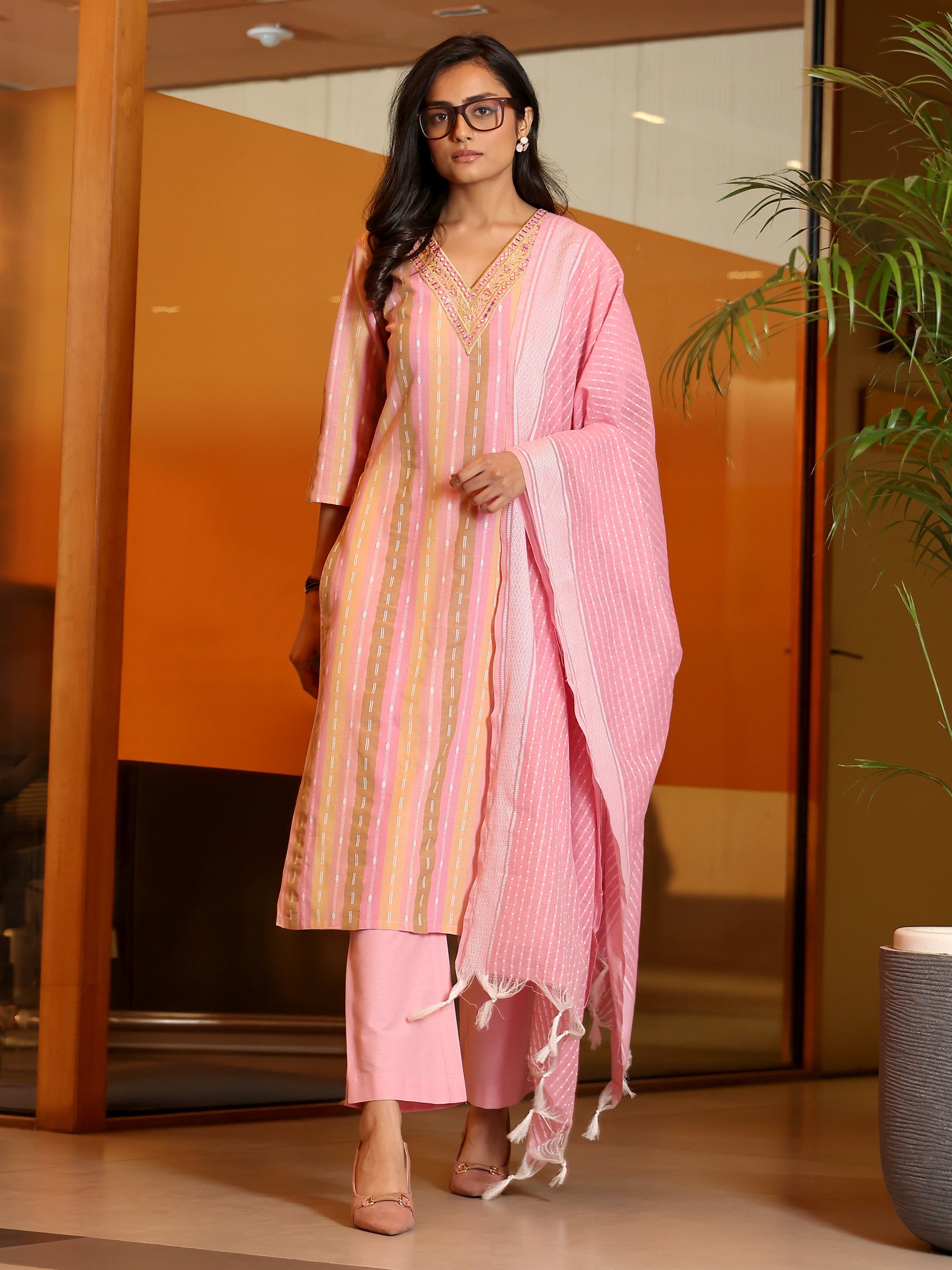 libas Multi Striped Woven Design Cotton Blend Straight Suit Set With Dupatta-picture-49