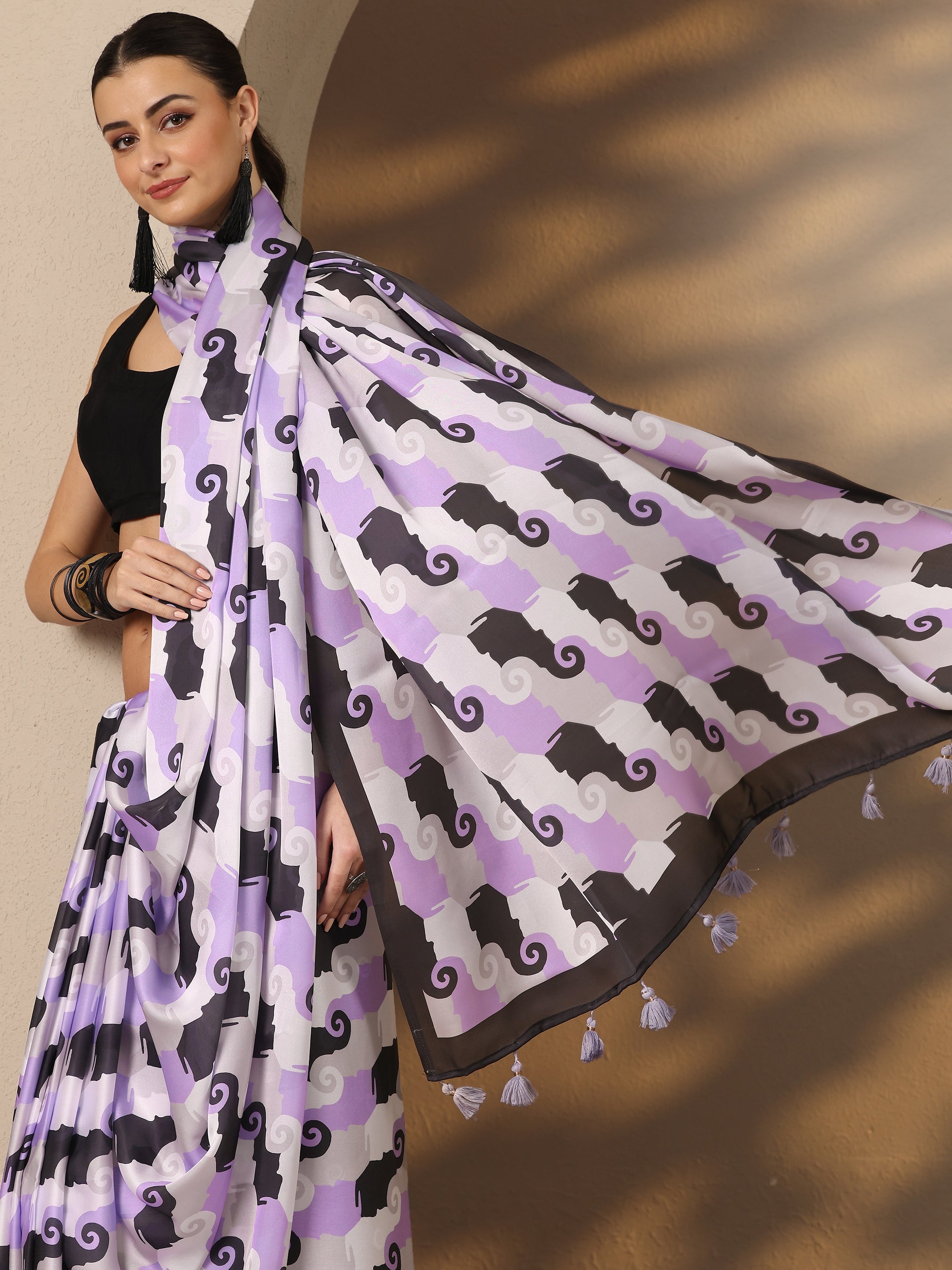 Multi Tribal Printed Satin Saree With Unstitched Blouse Piece-image-37