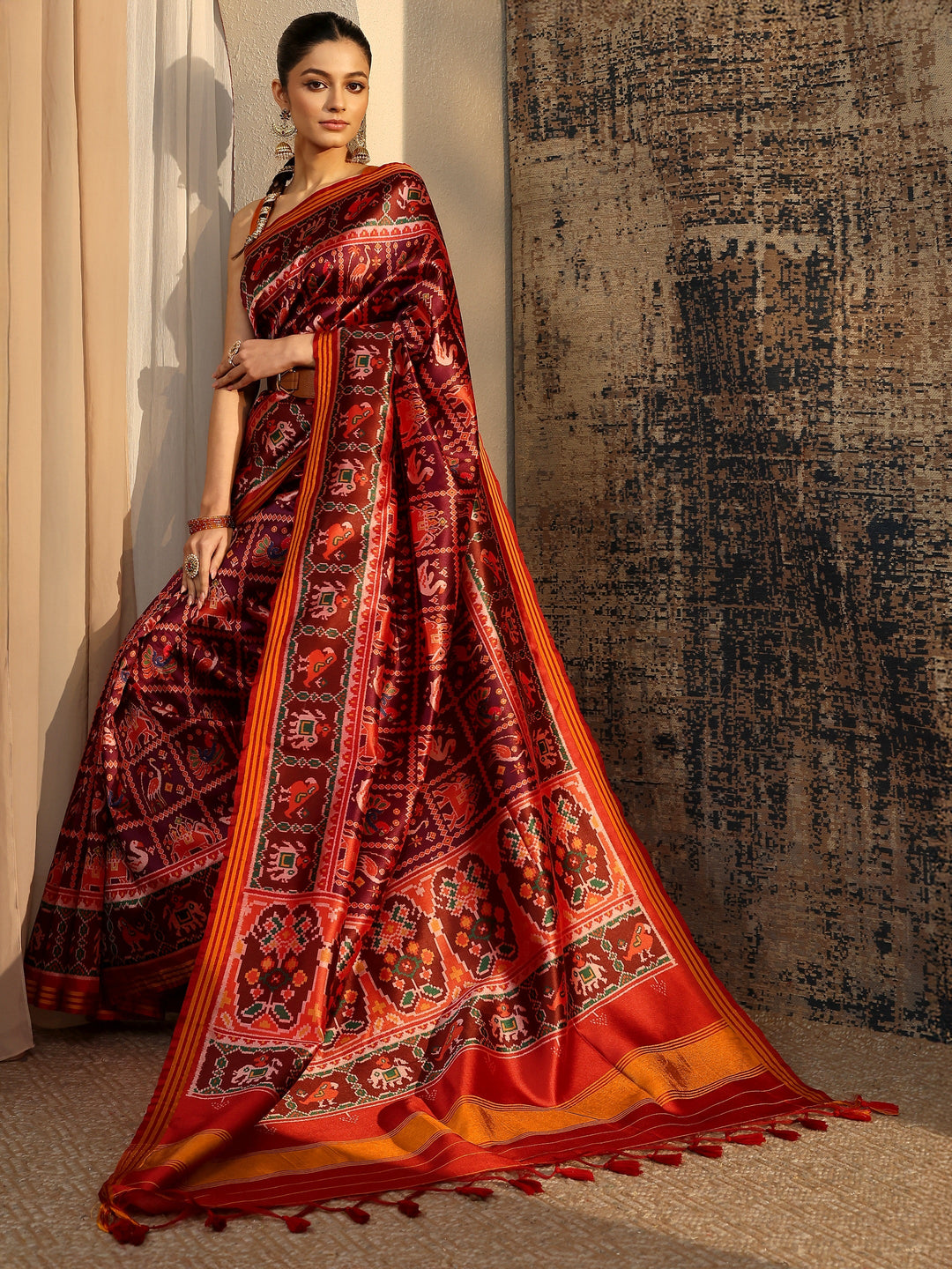 Multi Tribal Printed Silk Saree With Unstitched Blouse Piece