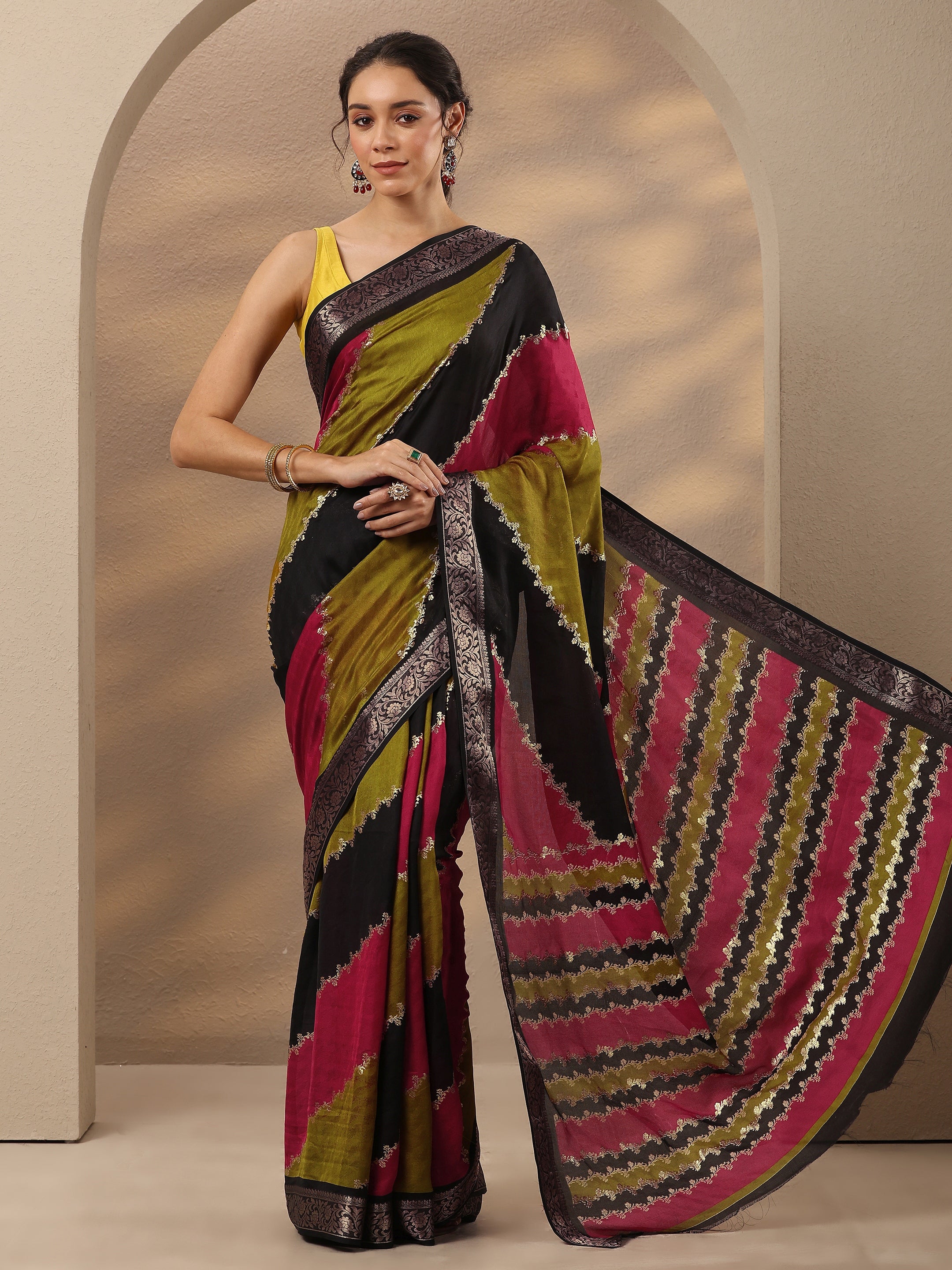 libas Multi Woven Design Silk Blend Saree With Unstitched Blouse Piece-picture-41
