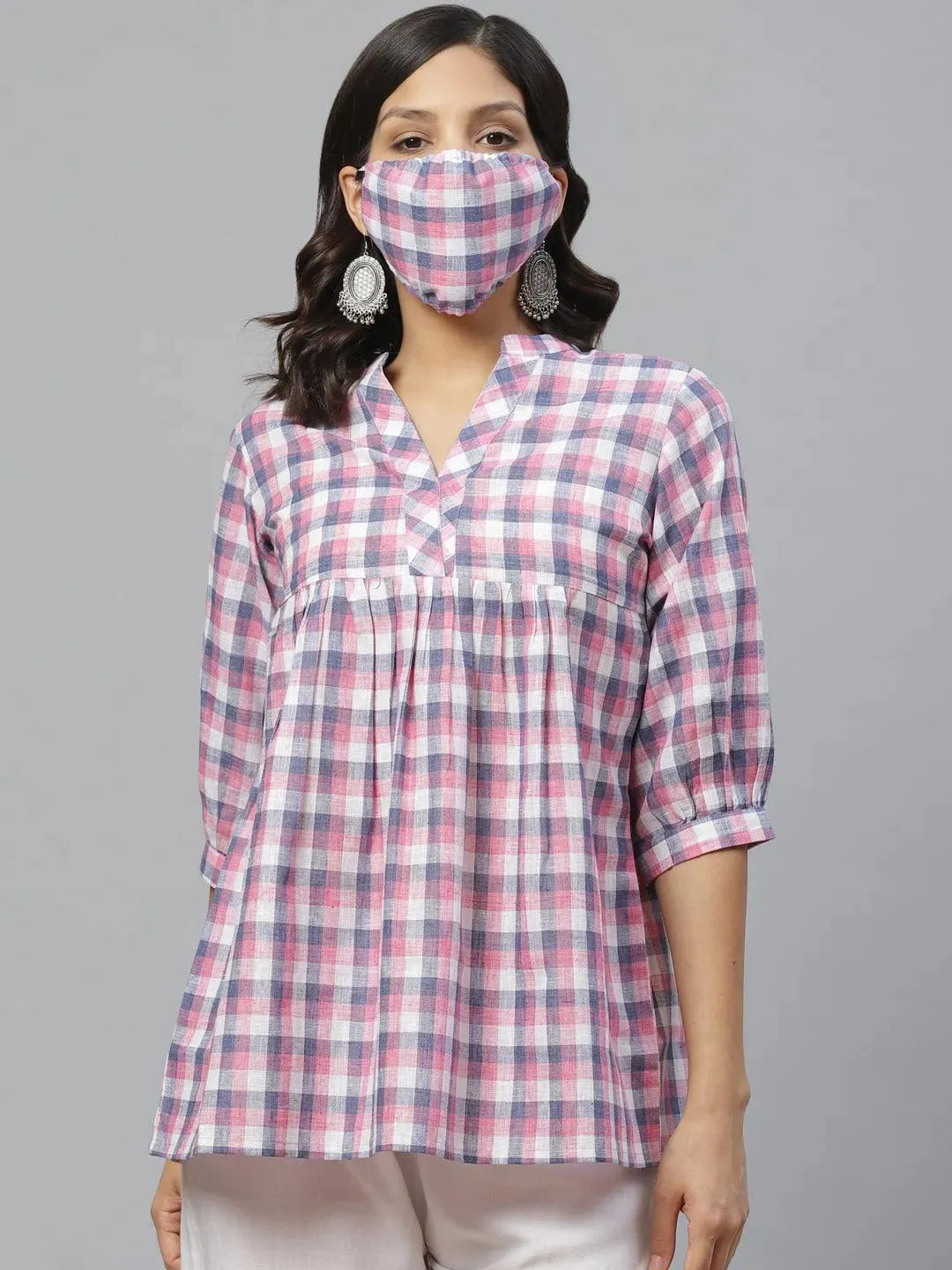 Multicoloured Checkered Cotton Kurti With Mask - Libas