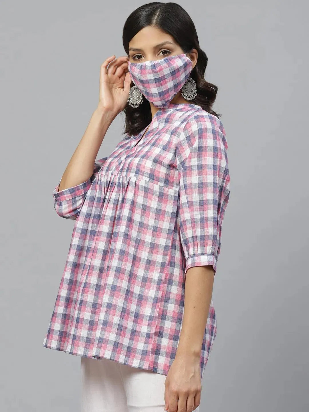 Multicoloured Checkered Cotton Kurti With Mask - Libas