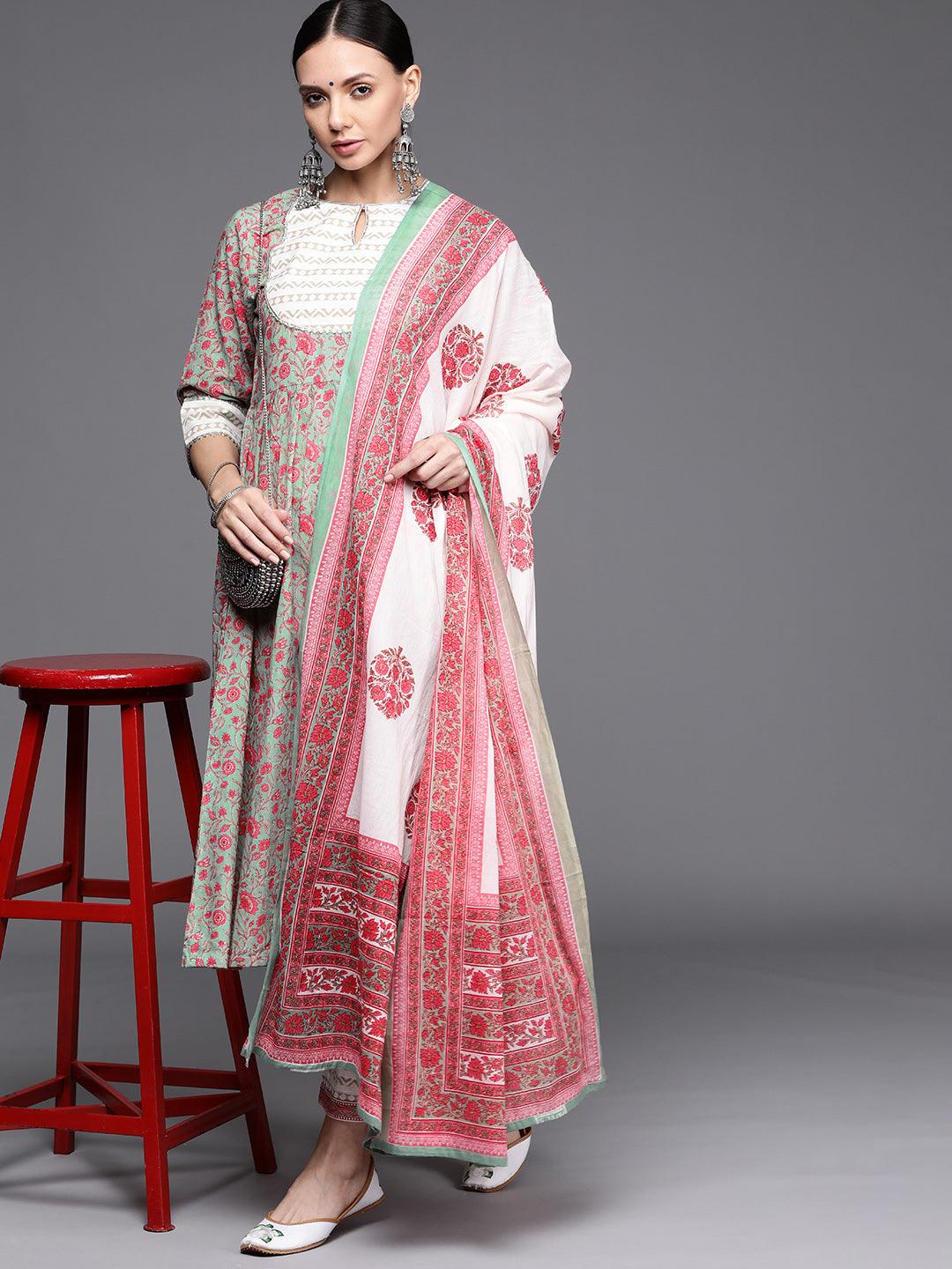 Multicoloured Printed Cotton Anarkali Kurta With Dupatta