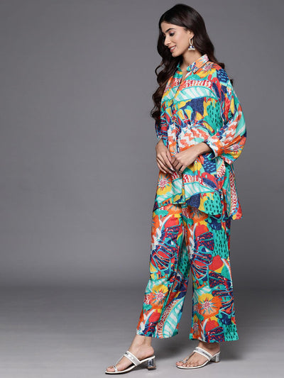 Multicoloured Printed Cotton Blend Shirt With Palazzos - Libas