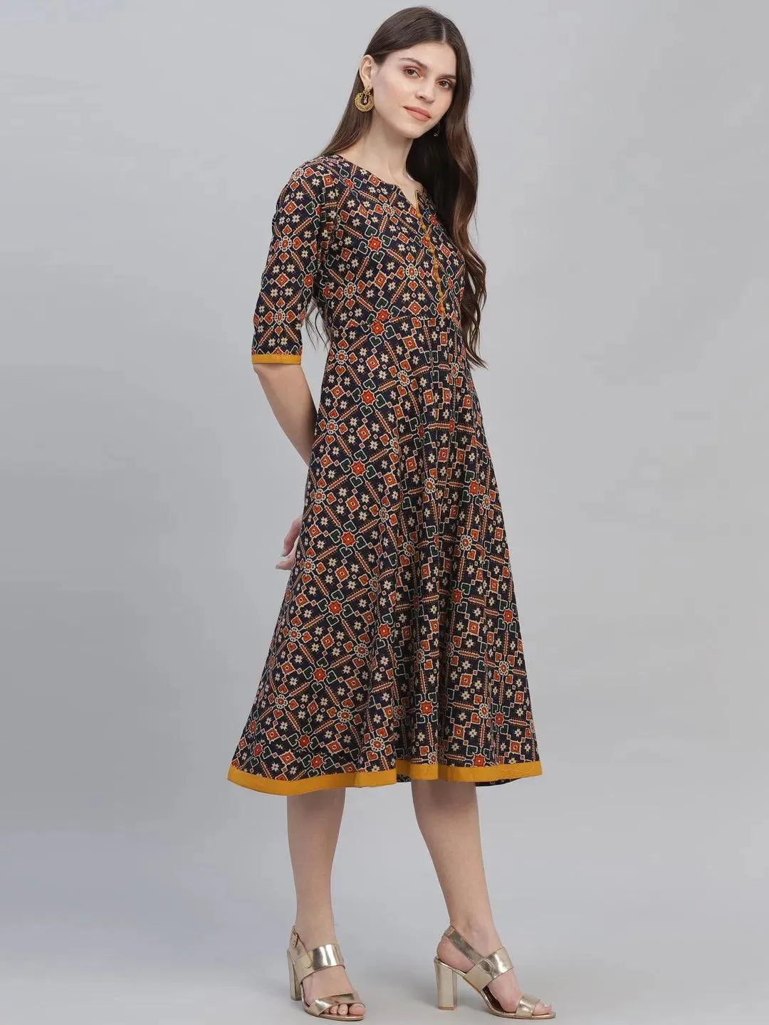 Multicoloured Printed Cotton Dress - Libas