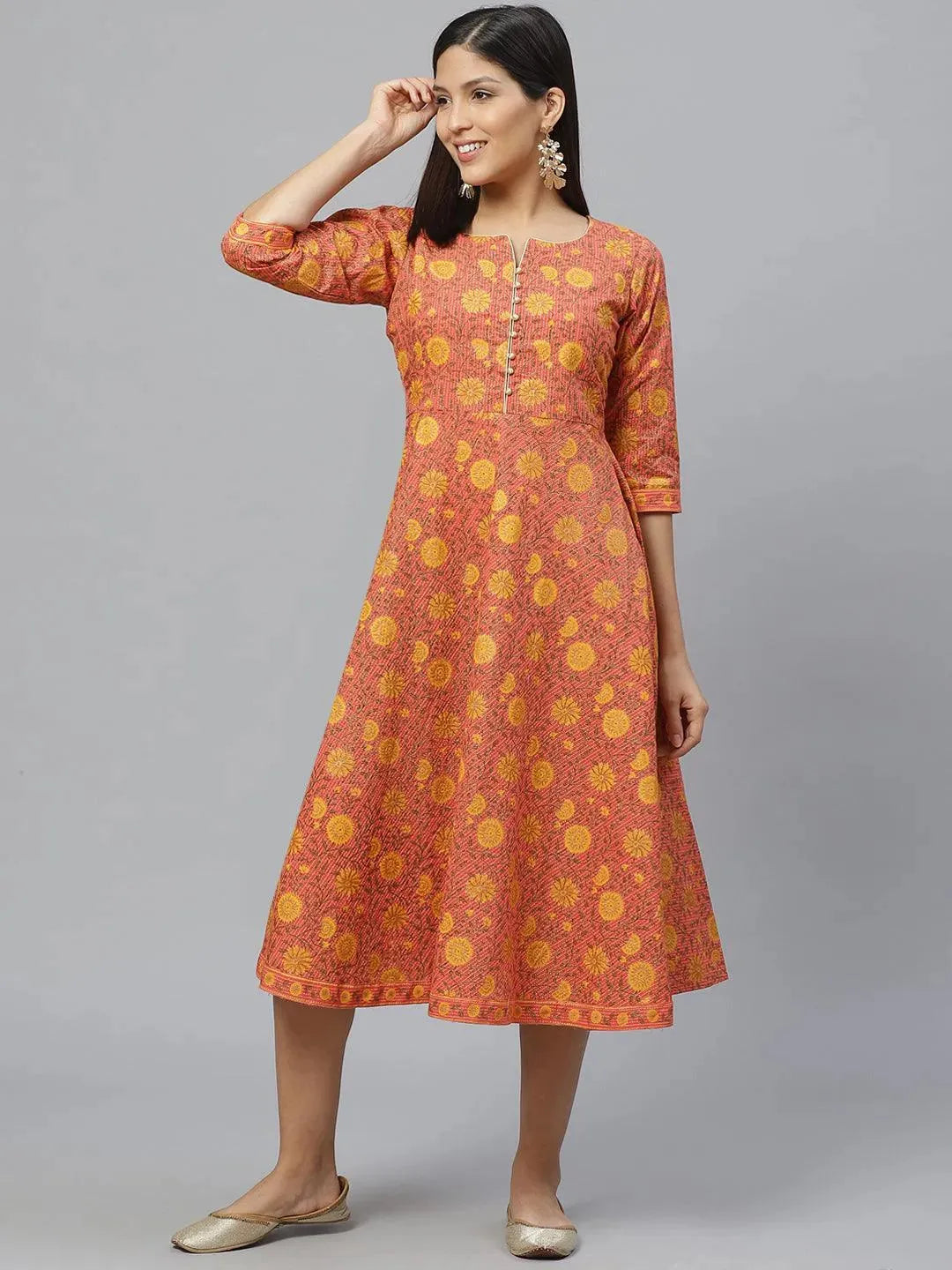 Multicoloured Printed Cotton Dress With Mask - Libas