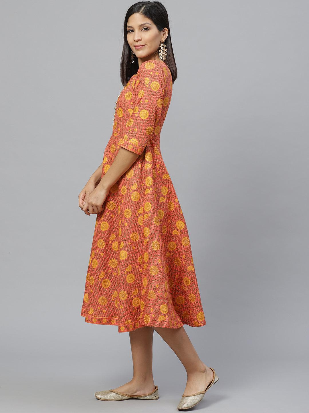 Multicoloured Printed Cotton Dress With Mask - Libas