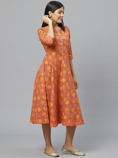 Multicoloured Printed Cotton Dress With Mask - Libas