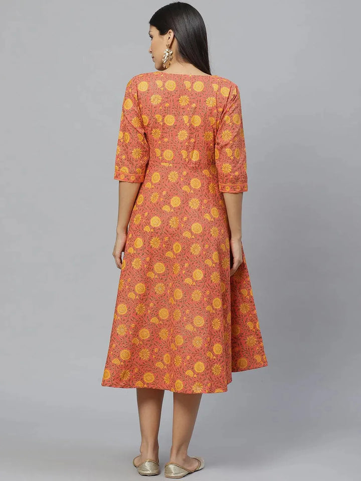 Multicoloured Printed Cotton Dress With Mask - Libas