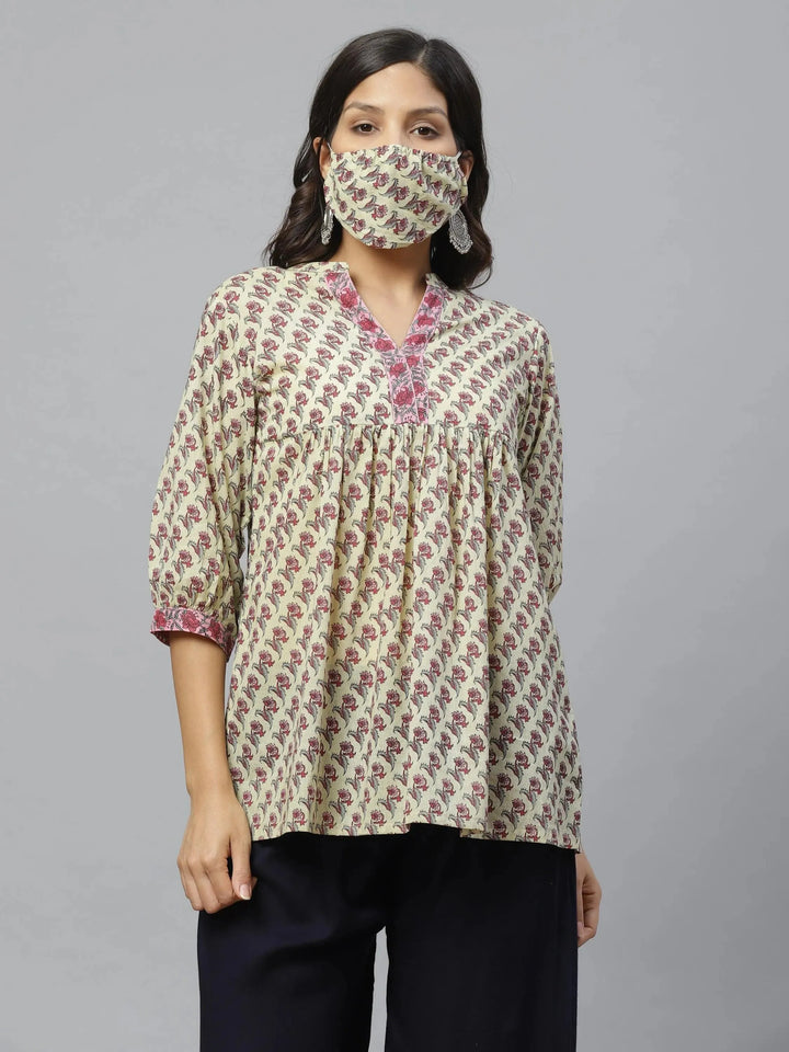 Multicoloured Printed Cotton Kurti With Mask - Libas