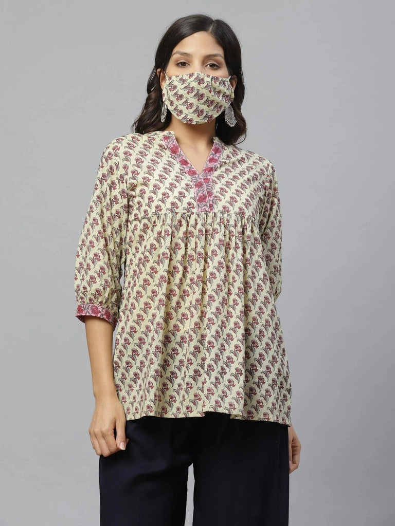 Libas Multicoloured Printed Cotton Kurti With Mask
