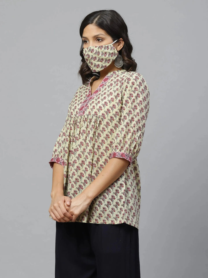 Multicoloured Printed Cotton Kurti With Mask - Libas