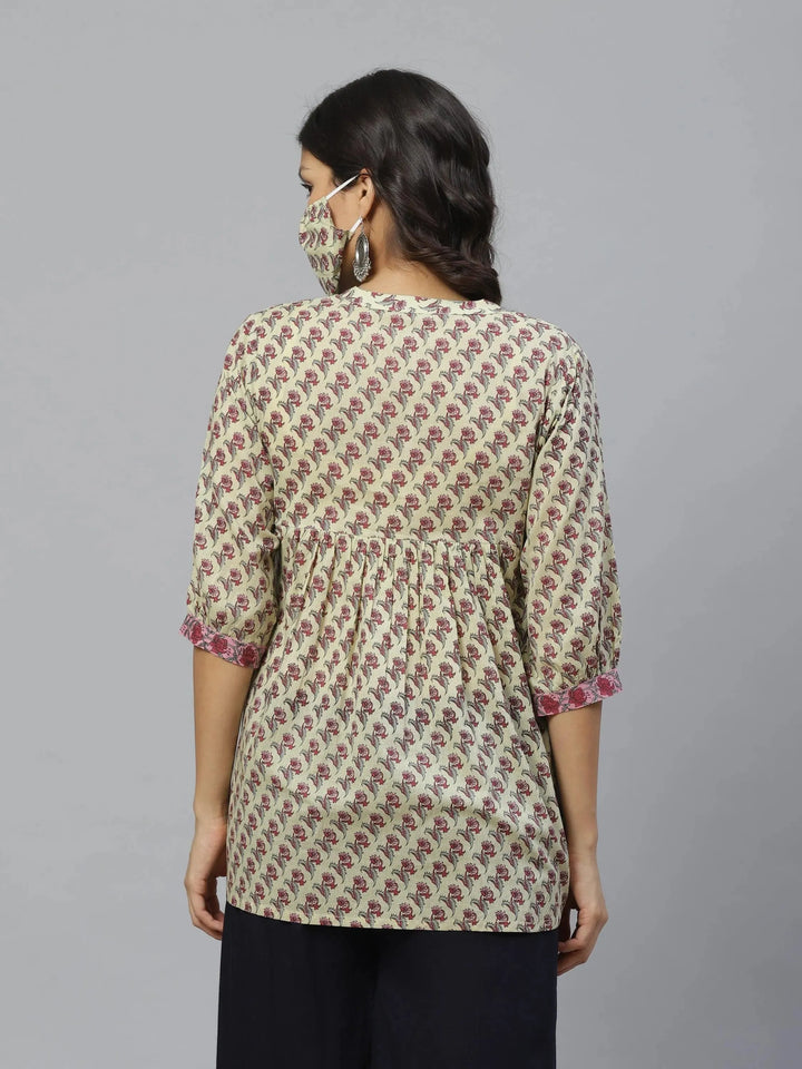 Multicoloured Printed Cotton Kurti With Mask - Libas