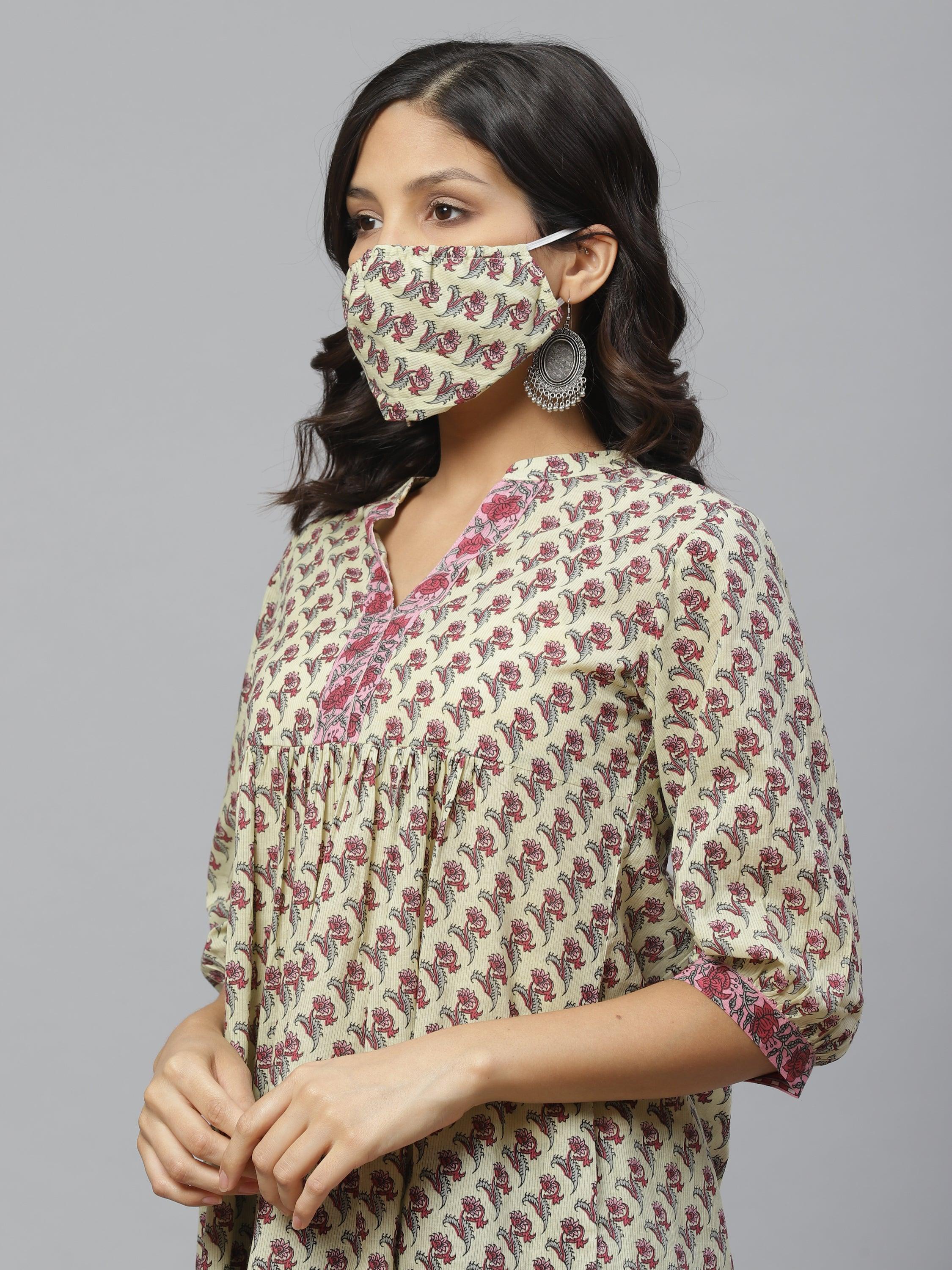 Multicoloured Printed Cotton Kurti With Mask