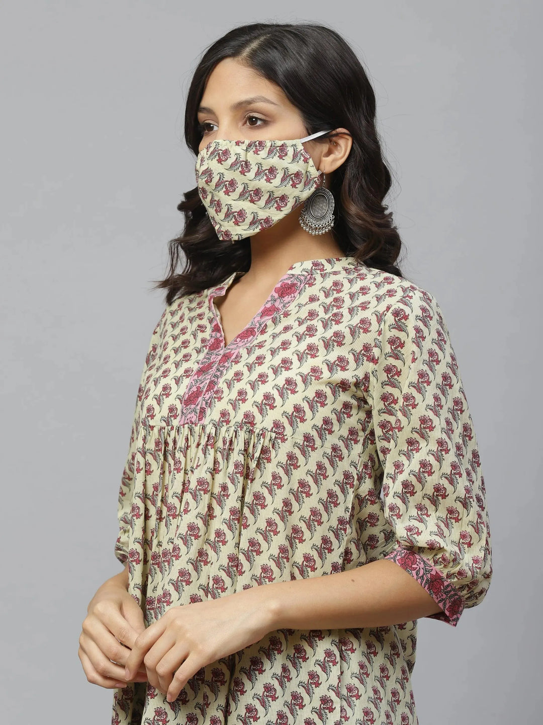 Multicoloured Printed Cotton Kurti With Mask - Libas 