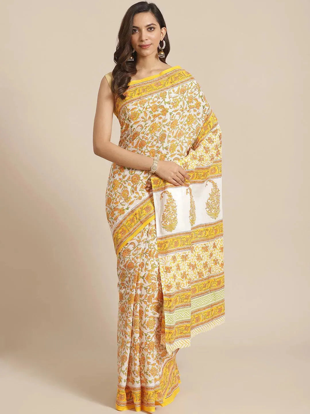 Multicoloured Printed Cotton Saree - Libas