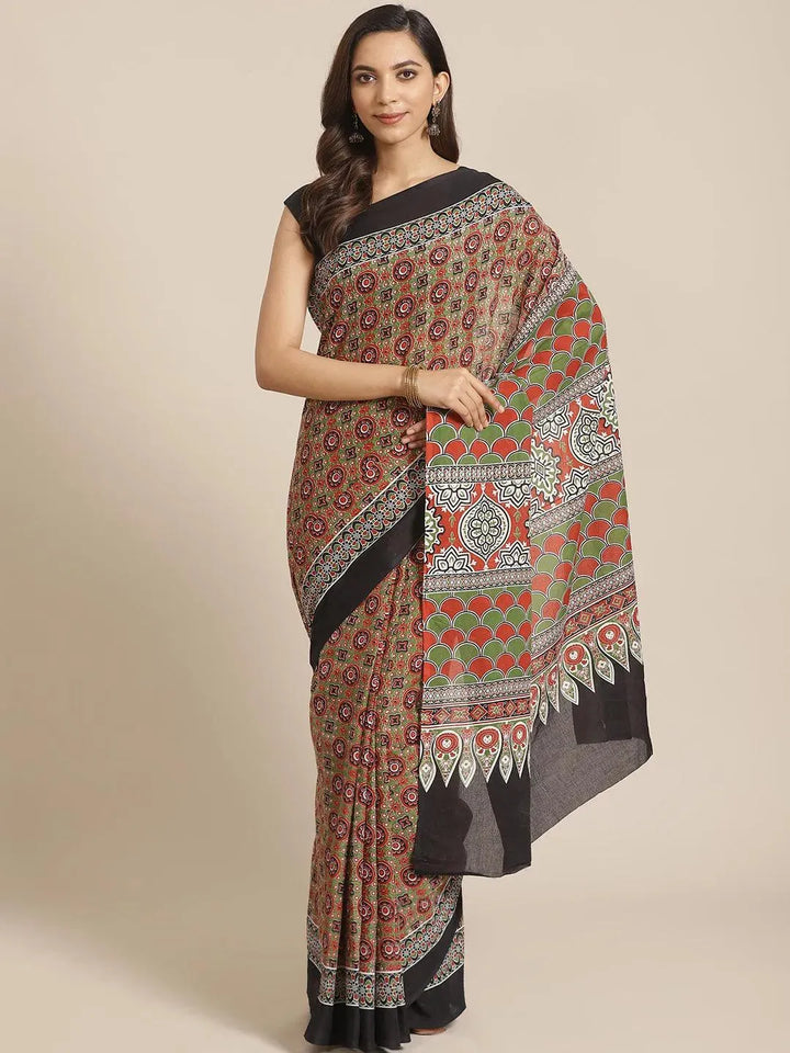 Multicoloured Printed Cotton Saree - Libas