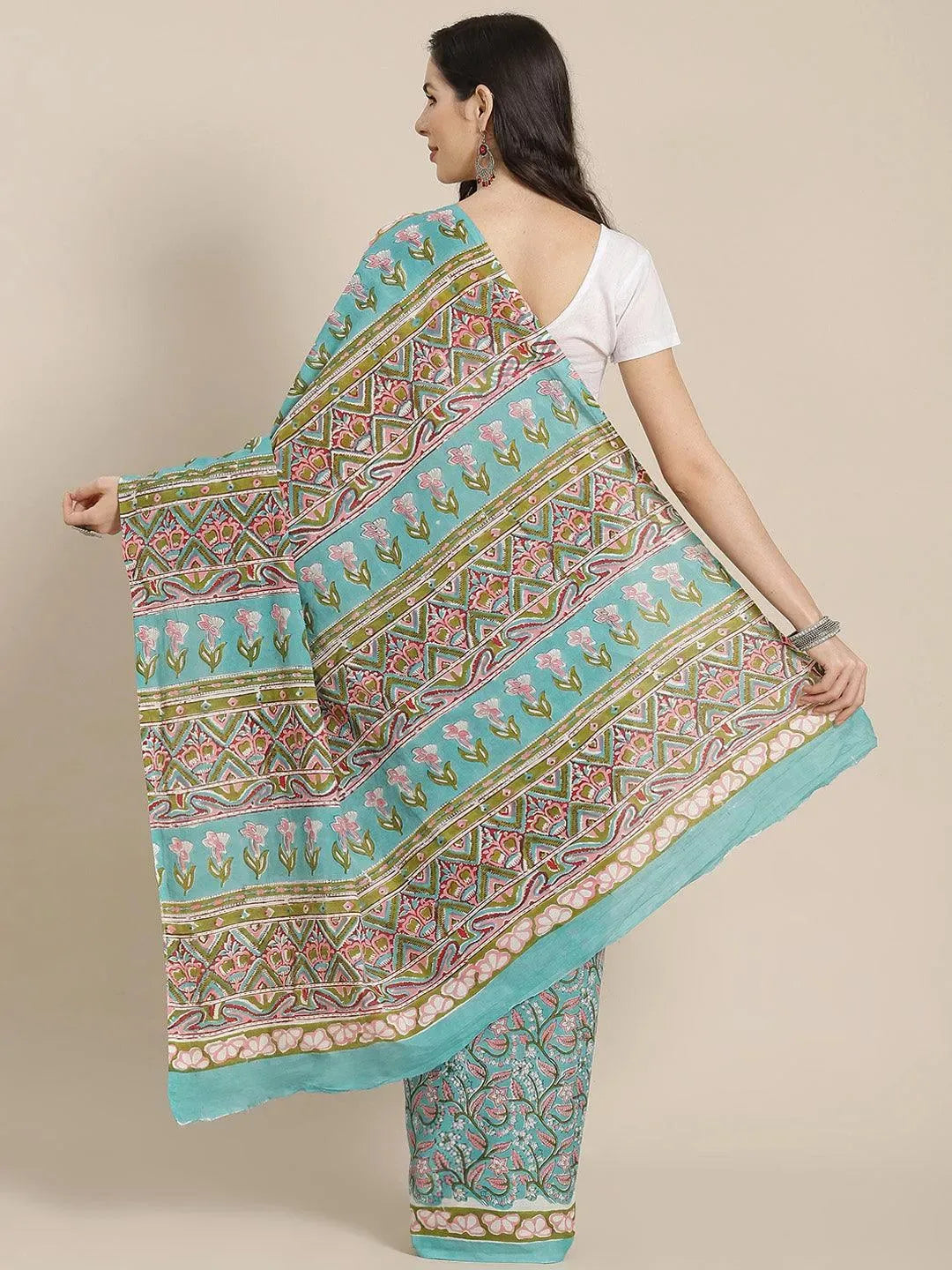 Multicoloured Printed Cotton Saree - Libas 