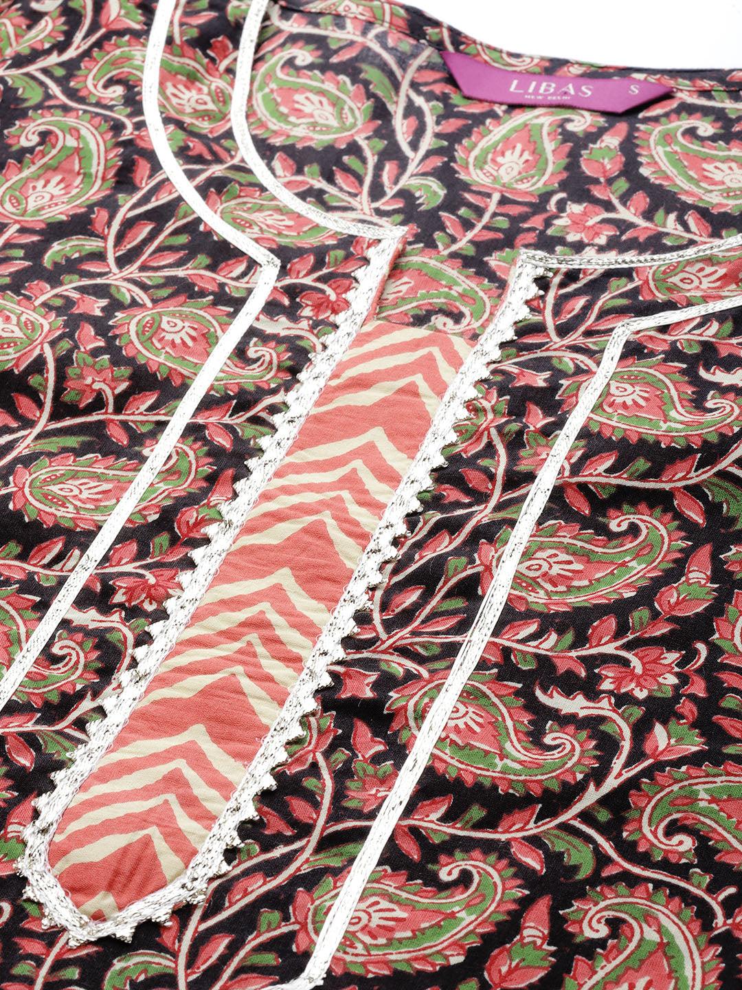 Multicoloured Printed Cotton Straight Kurta With Palazzos & Dupatta