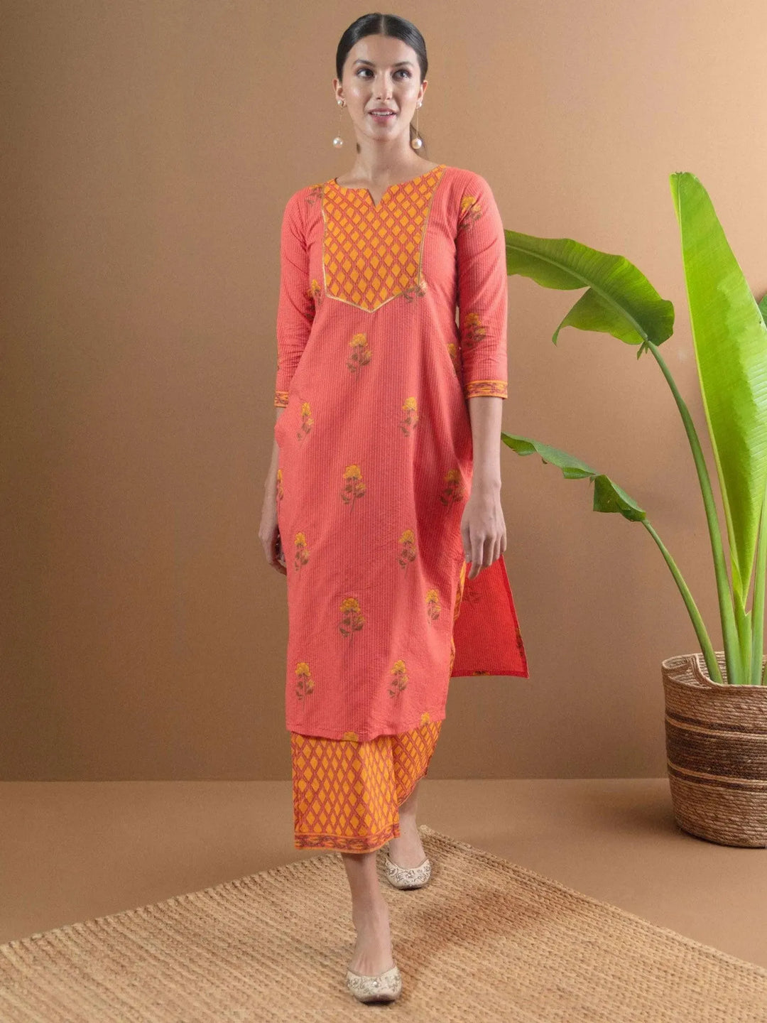 Multicoloured Printed Cotton Kurta Set With Mask - Libas