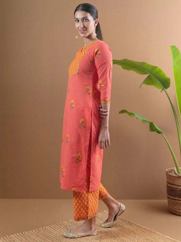 Multicoloured Printed Cotton Kurta Set With Mask - Libas