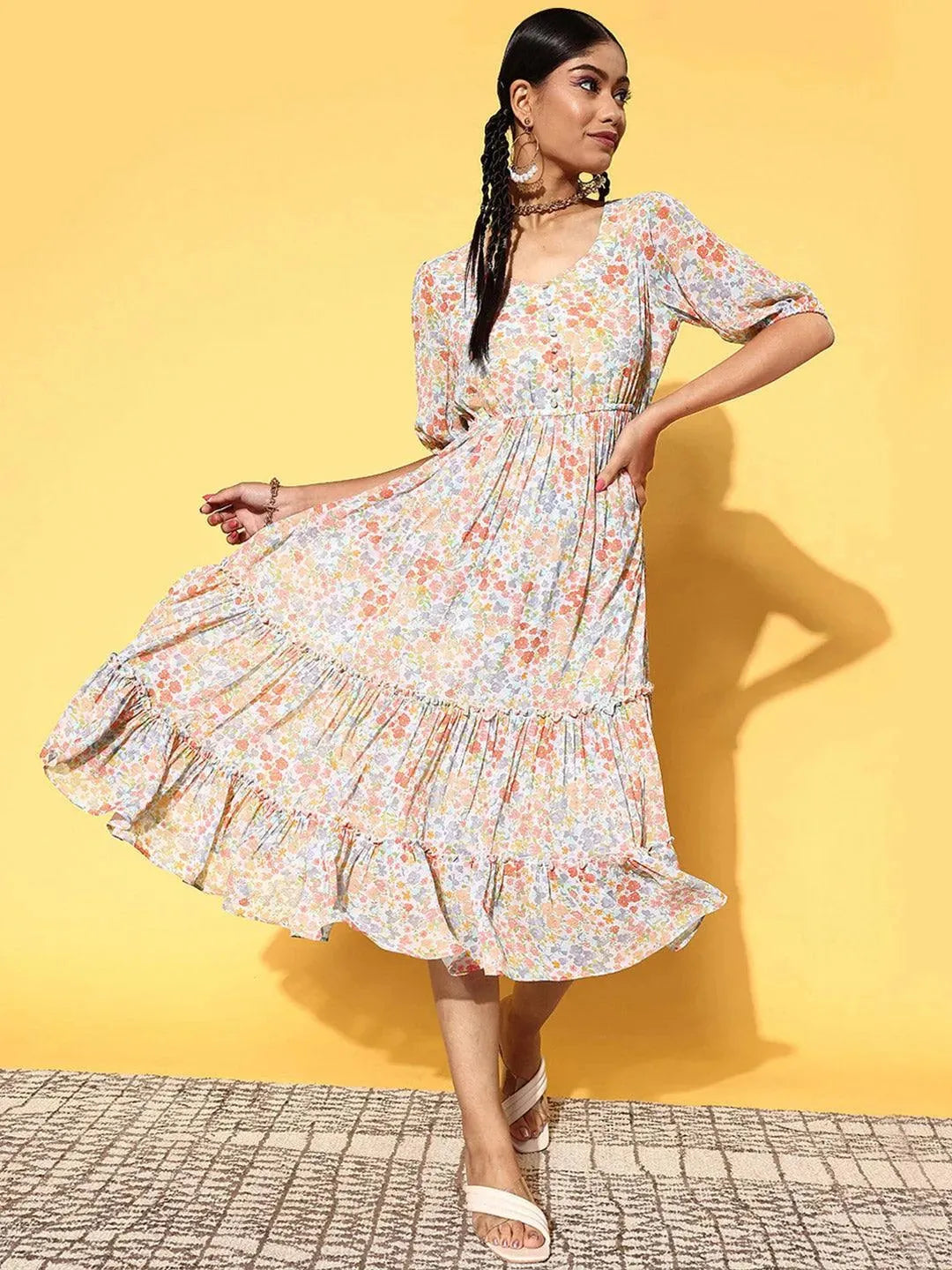 Multicoloured Printed Georgette A-Line Dress - Libas