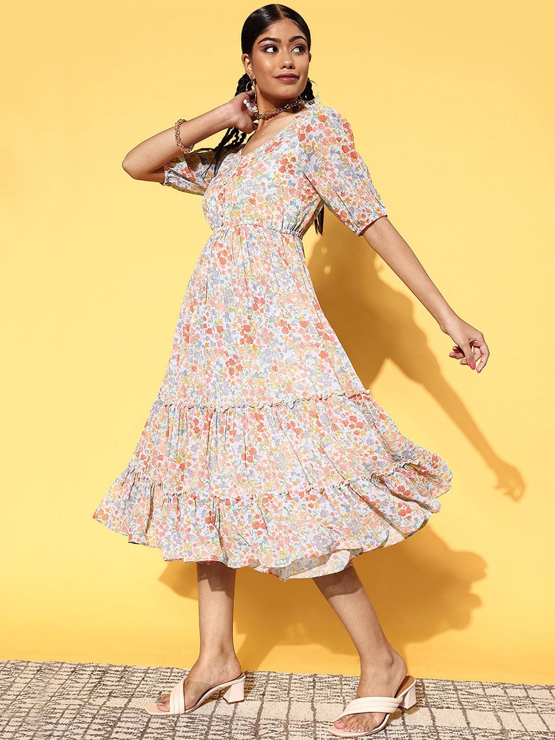 Multicoloured Printed Georgette A-Line Dress