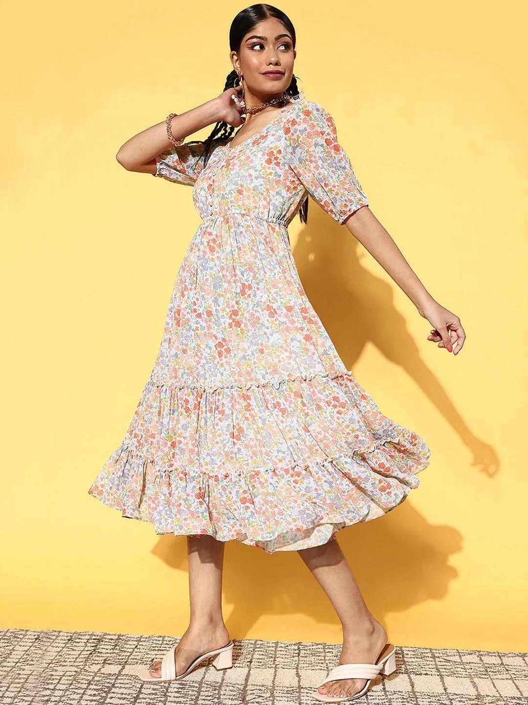 Multicoloured Printed Georgette A-Line Dress - Libas 