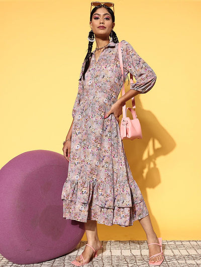 Multicoloured Printed Georgette A-Line Dress - Libas