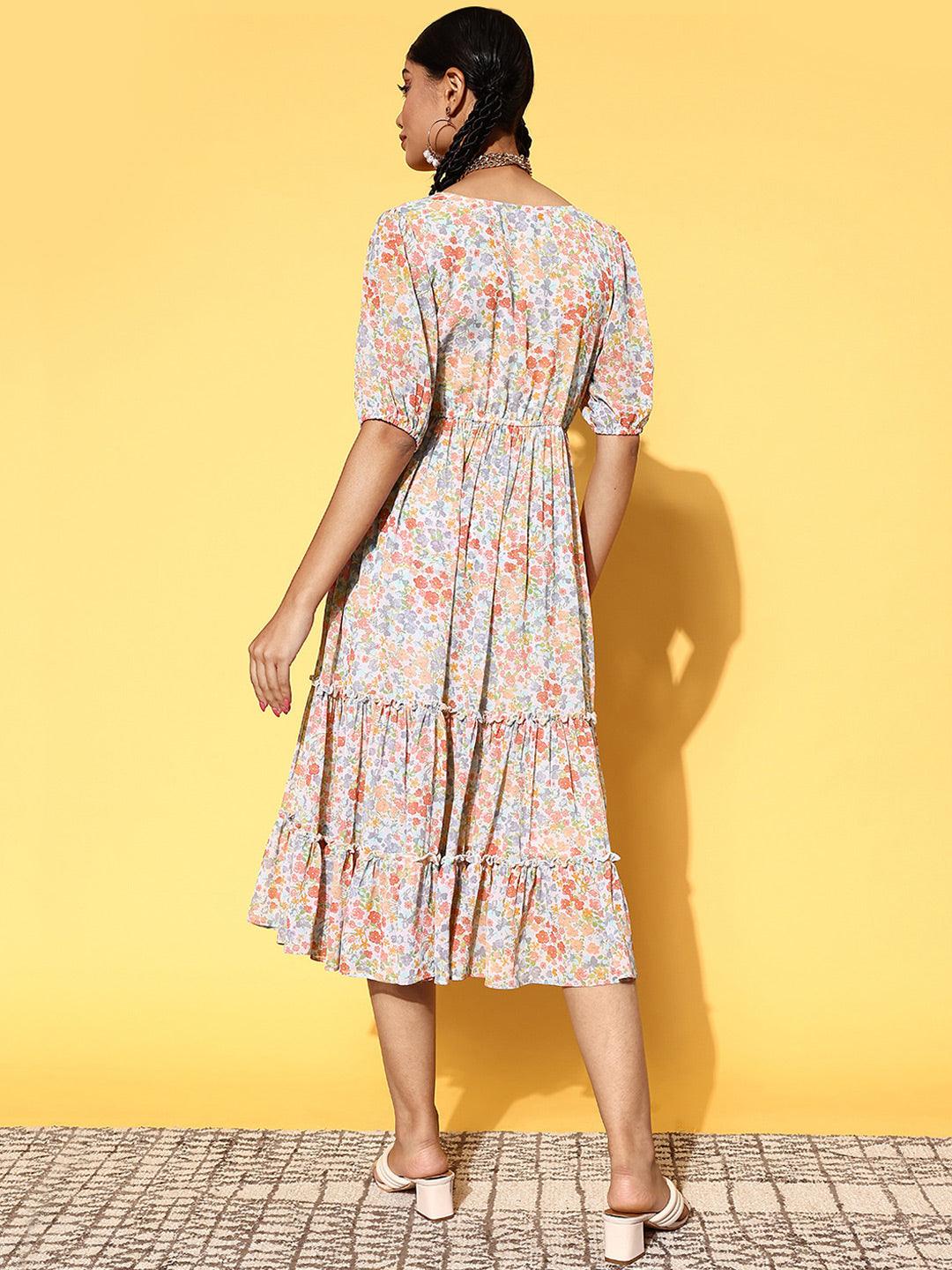 Multicoloured Printed Georgette A-Line Dress - Libas