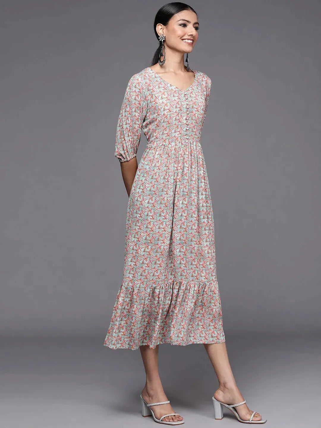 Multicoloured Printed Georgette Fit and Flared Dress - Libas 