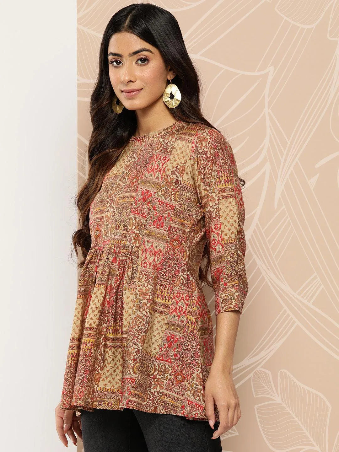 Multicoloured Printed Silk Blend A-Line Kurti - Libas 