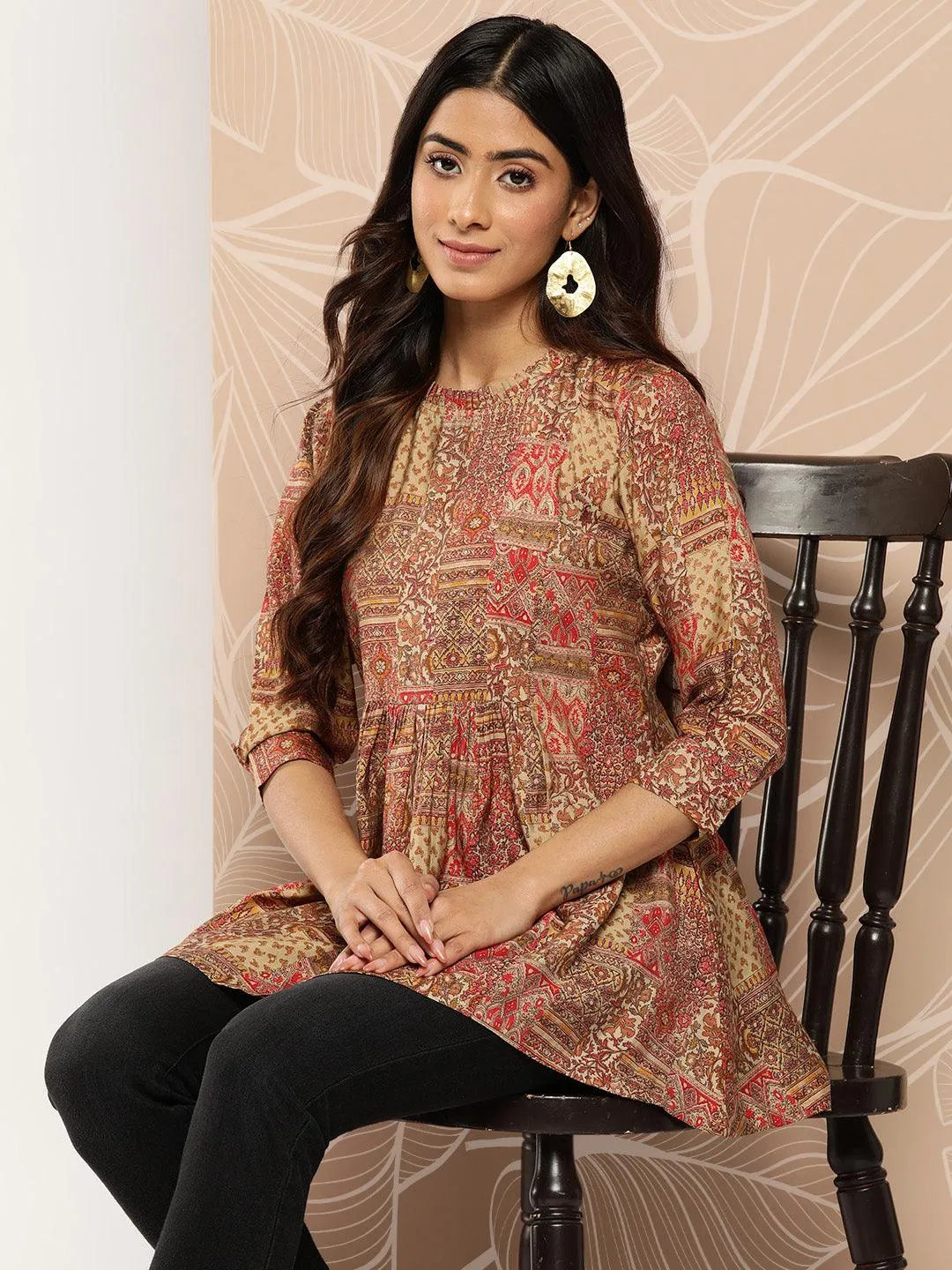 Multicoloured Printed Silk Blend A-Line Kurti - Libas 