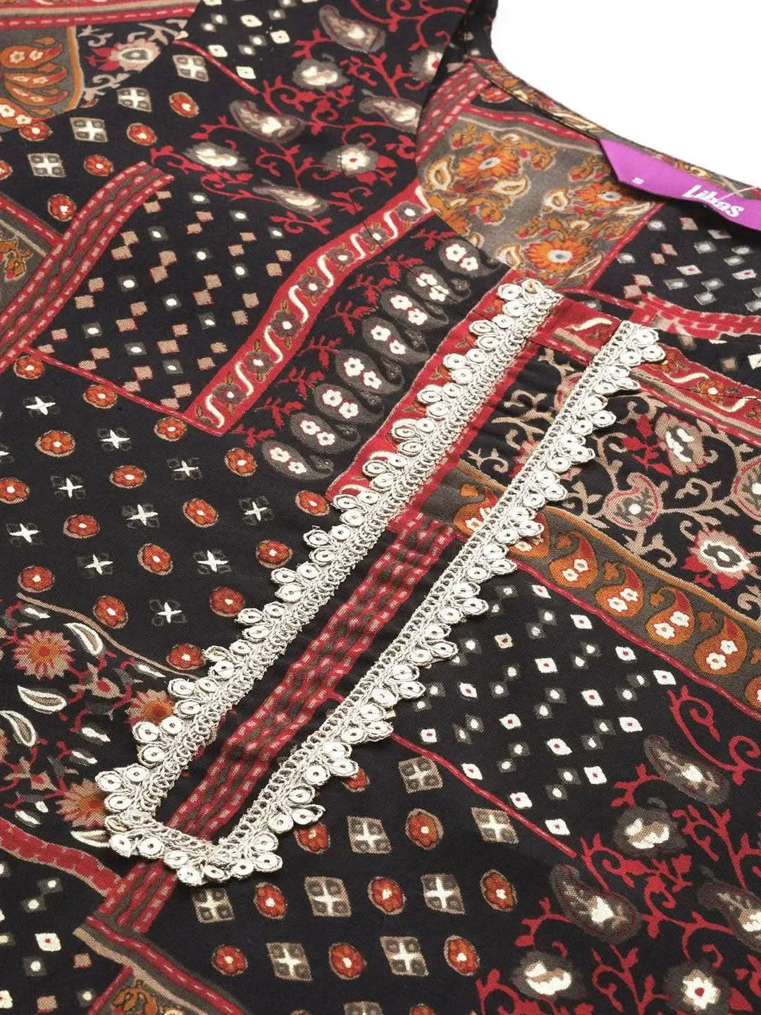 Multicoloured Printed Silk Straight Kurta - Libas 