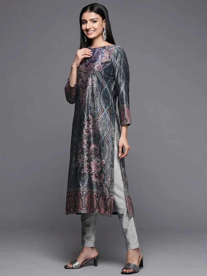 Multicoloured Printed Velvet Straight Kurta - Libas