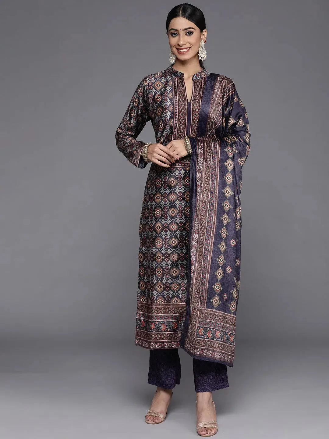 Multicoloured Printed Velvet Straight Suit Set With Trousers - Libas