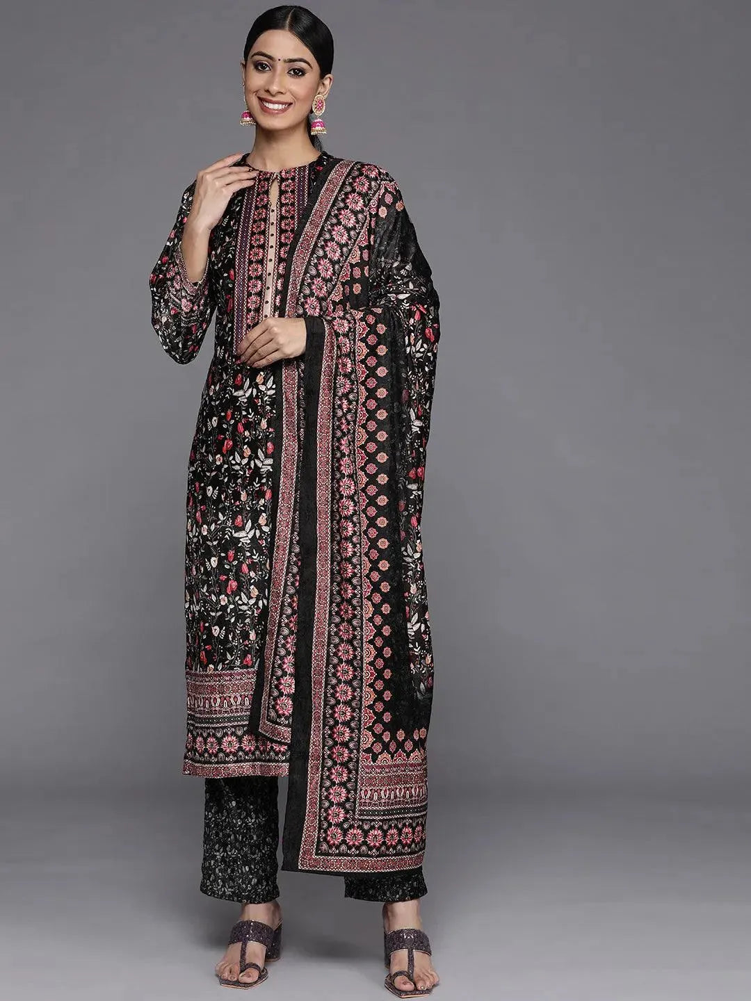 Multicoloured Printed Velvet Straight Suit Set With Trousers - Libas 