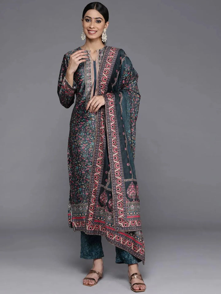 Multicoloured Printed Velvet Straight Suit Set With Trousers - Libas