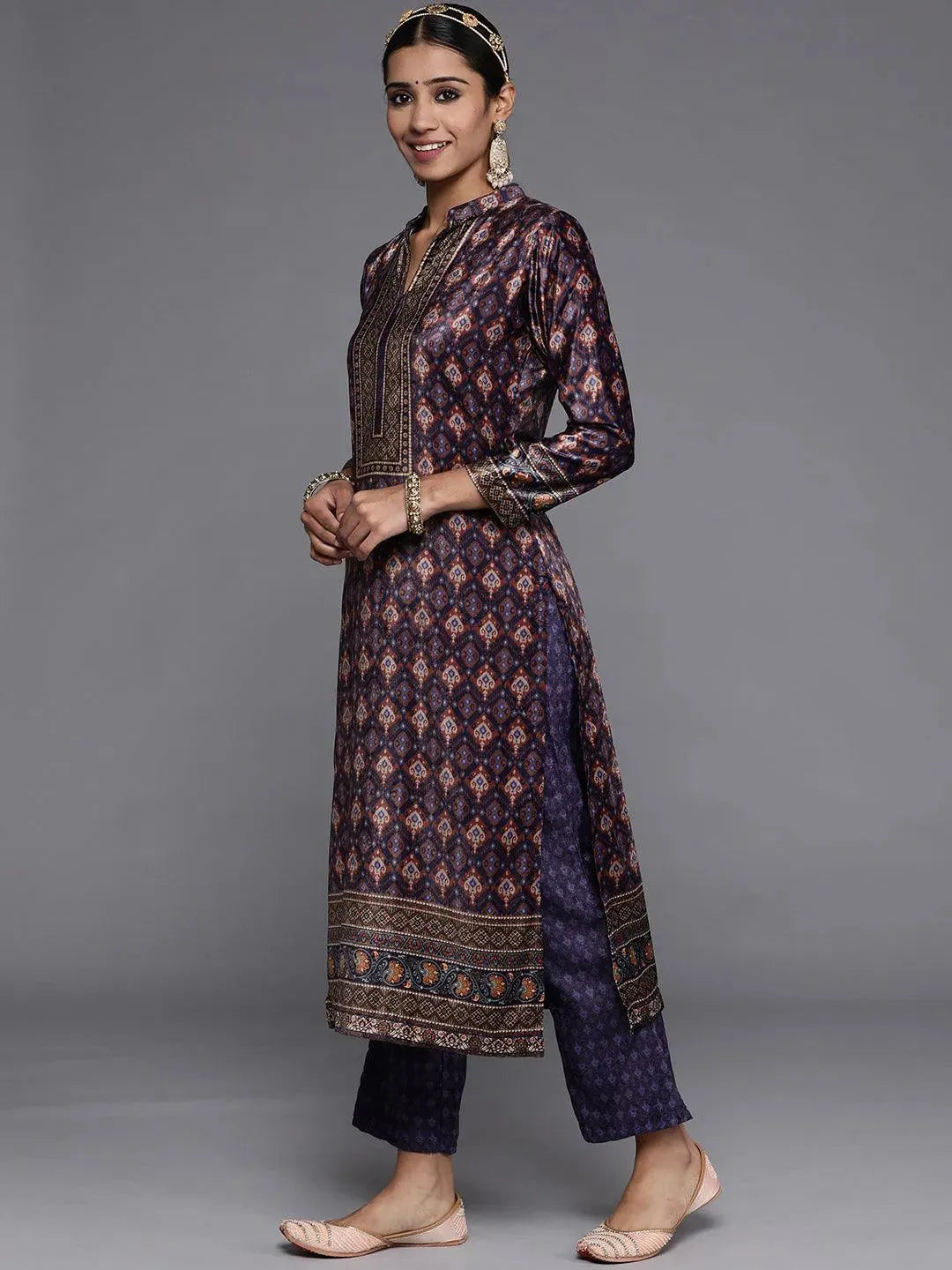 Multicoloured Printed Velvet Straight Suit Set With Trousers - Libas