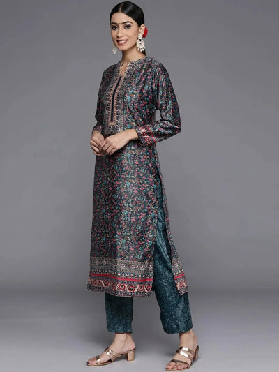 Multicoloured Printed Velvet Straight Suit Set With Trousers - Libas