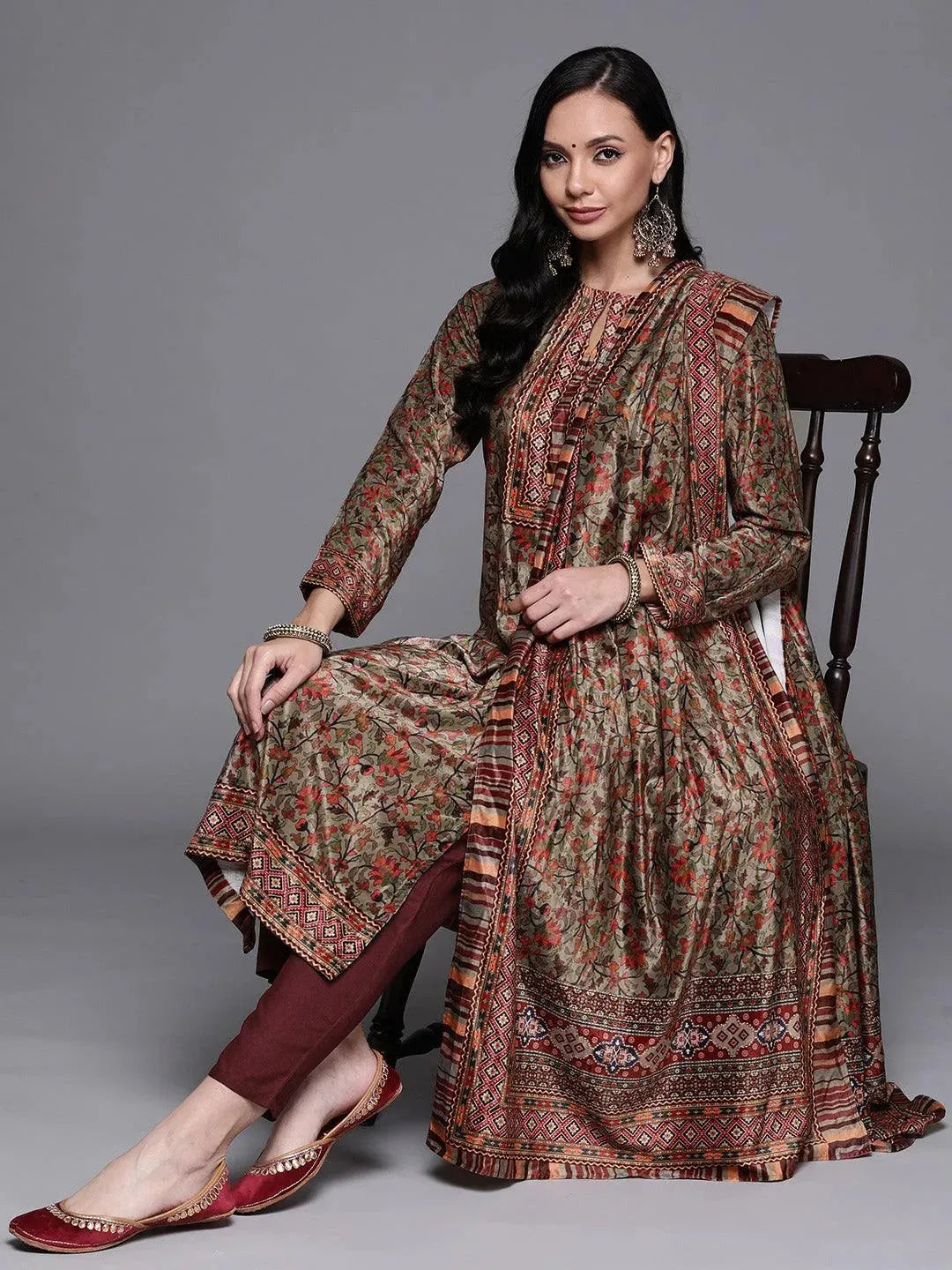Multicoloured Printed Velvet Suit Set - Libas 