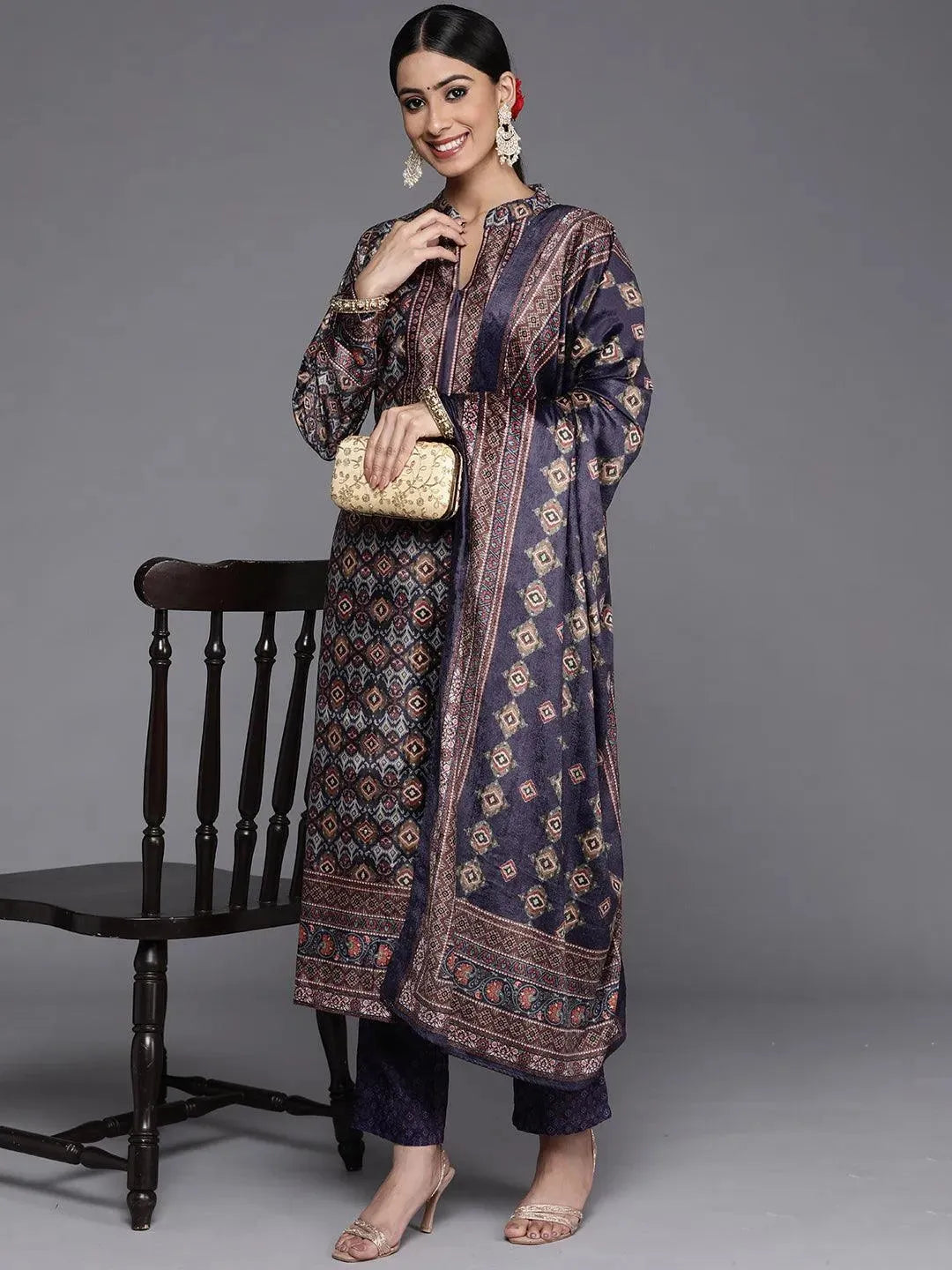 Multicoloured Printed Velvet Straight Suit Set With Trousers - Libas