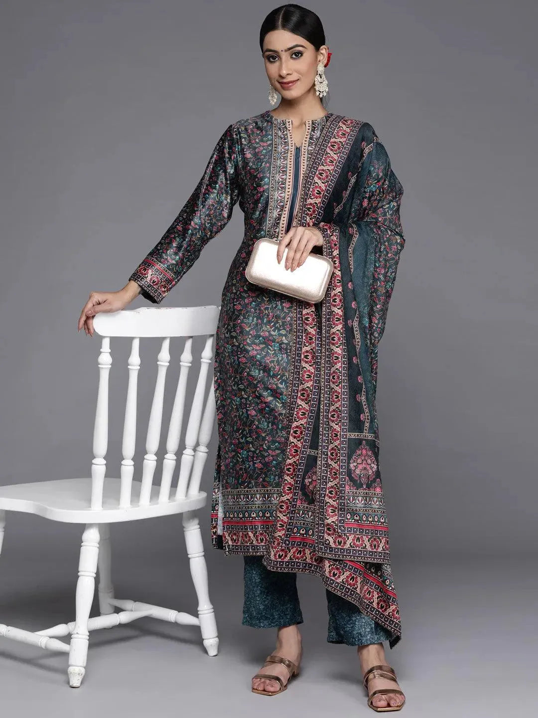 Multicoloured Printed Velvet Straight Suit Set With Trousers - Libas 