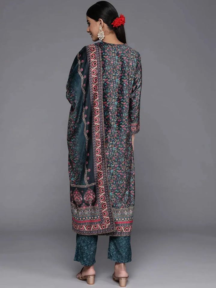Multicoloured Printed Velvet Straight Suit Set With Trousers - Libas