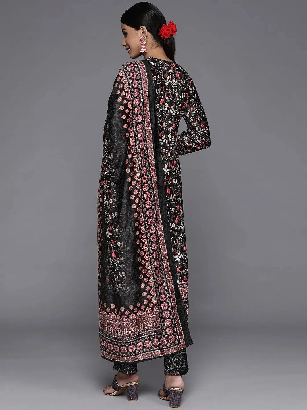 Multicoloured Printed Velvet Straight Suit Set With Trousers - Libas 