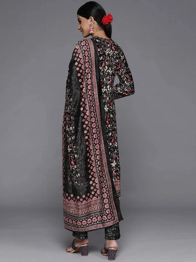 Multicoloured Printed Velvet Straight Suit Set With Trousers - Libas