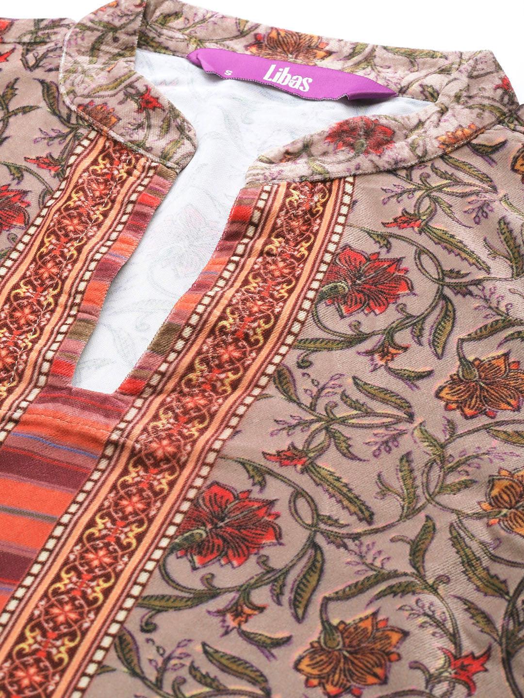 Multicoloured Printed Velvet Straight Kurta With Dupatta