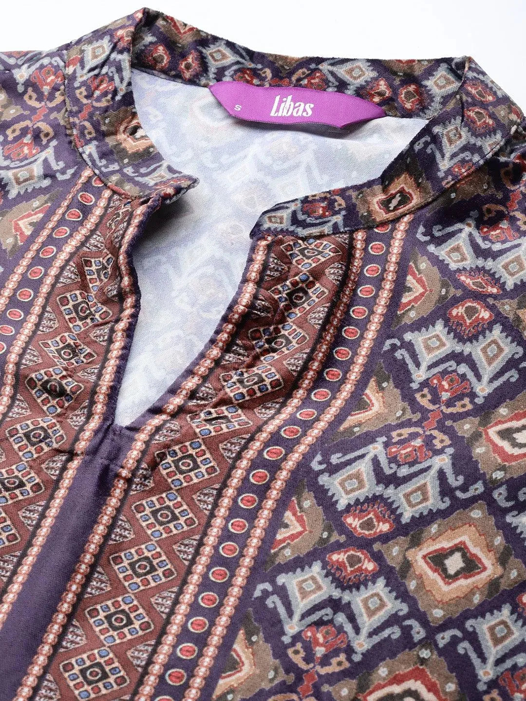 Multicoloured Printed Velvet Straight Suit Set With Trousers - Libas 